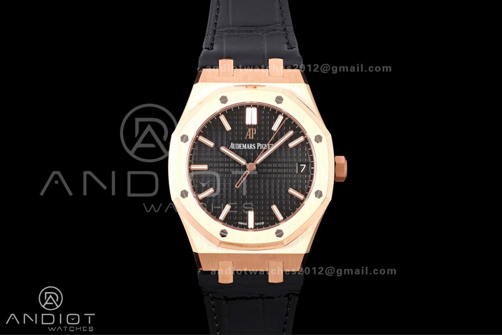 Royal Oak 41mm 15500 RG DDF 1:1 Best Edition Black Dial on Black Leather Strap DD4302 Super Clone (Weighted) — photo 3
