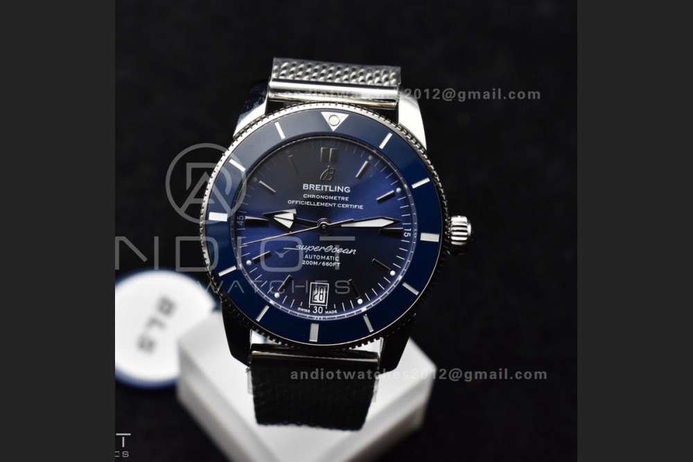SuperOcean Heritage II BLSF 42mm SS Blue Dial Blue Ceramic Bezel on SS Mesh Bracelet A2824