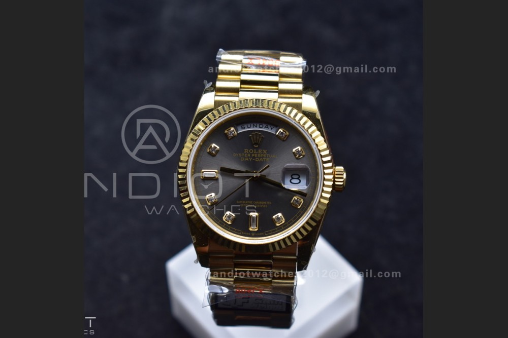 DayDate 36 YG QF Best Edition 904L Steel Grey Dial with Square Diamond on President Bracelet vr3255 V5 (Gain Weight) — photo 2