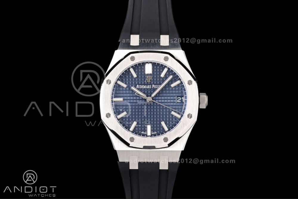 Royal Oak 15500 SS OCTA 1:1 Best Edition Blue Dial on Black Rubber Strap JH4302 Super Clone (Free Sprung) — photo 3