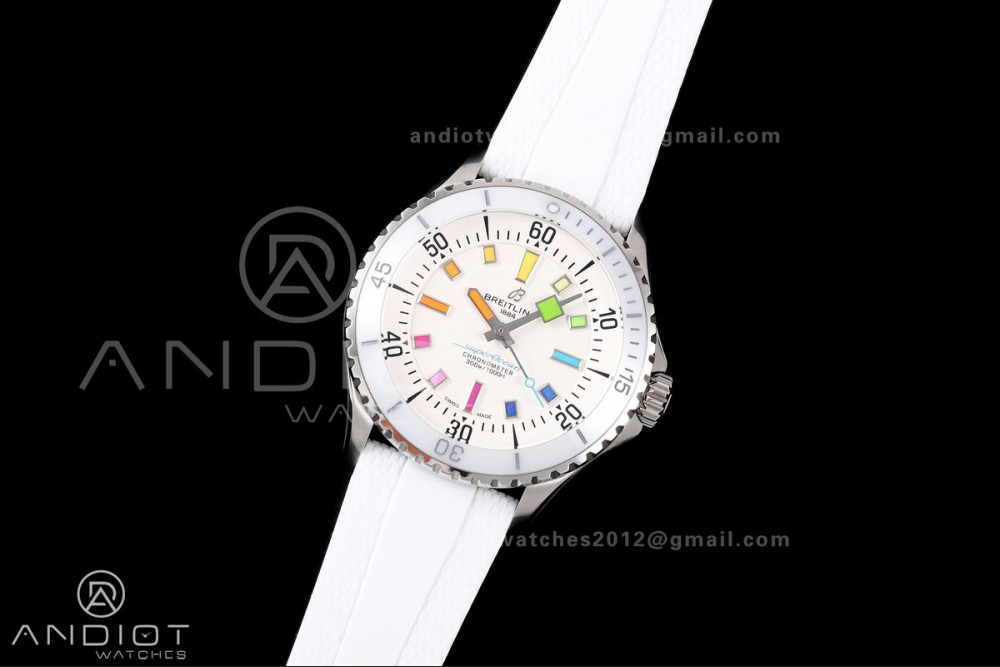 SuperOcean Automatic 42 SS BLF 1:1 Best Edition White Rainbow Dial on White Rubber Strap A2824 — photo 2