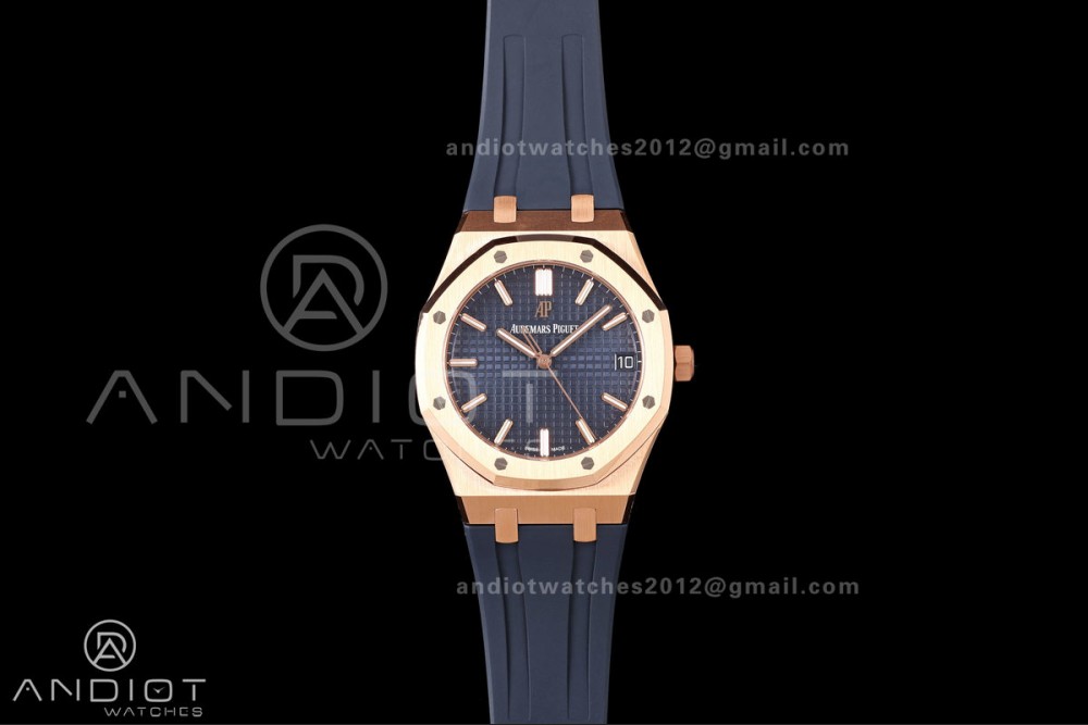 Royal Oak 41mm 15500 RG DDF 1:1 Best Edition Blue Dial on Blue Rubber Strap DD4302 Super Clone (Weighted)